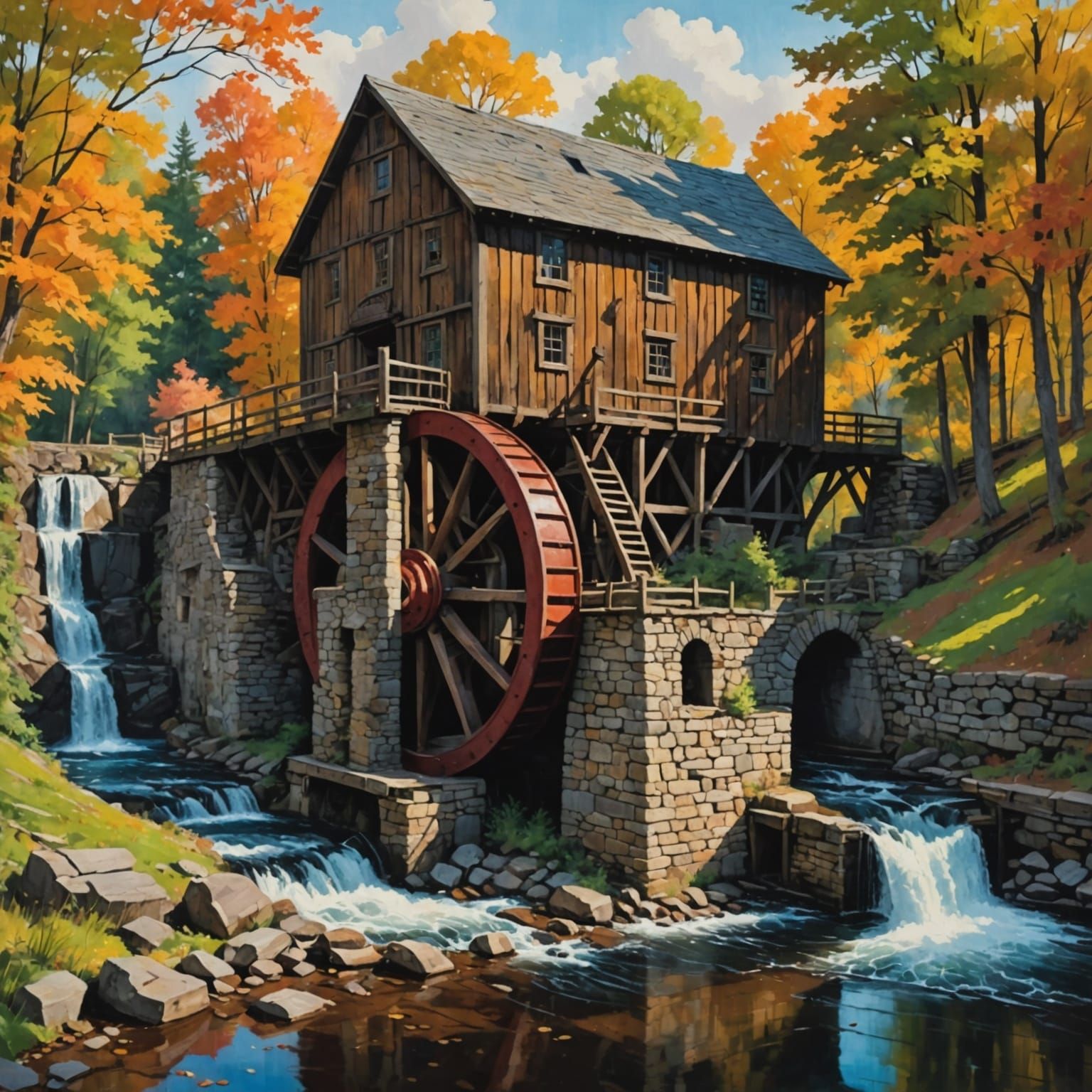 Epic Waterwheel Saw Mill in Gouache Style