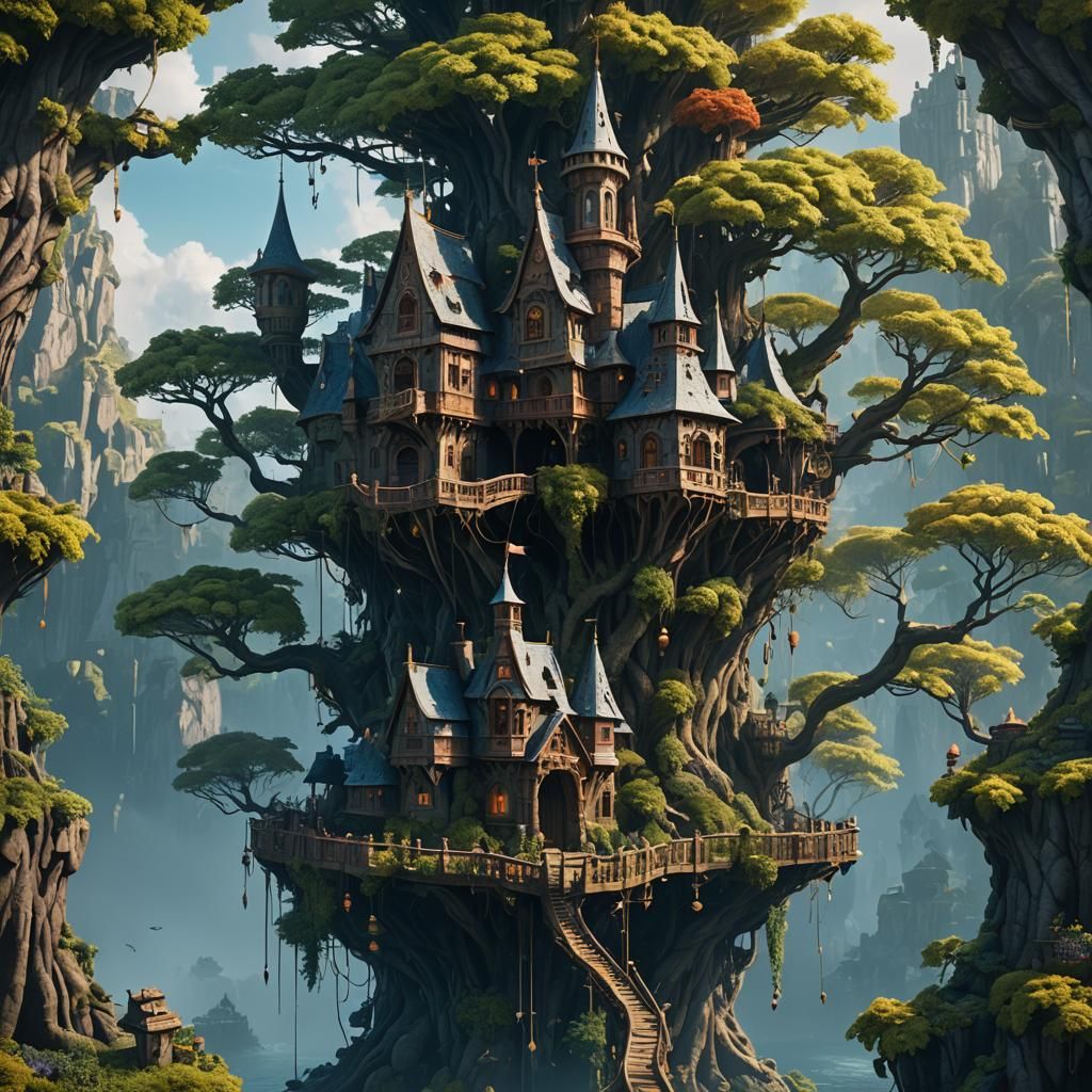 Fantastical Floating Treehouse Castle Concept Art