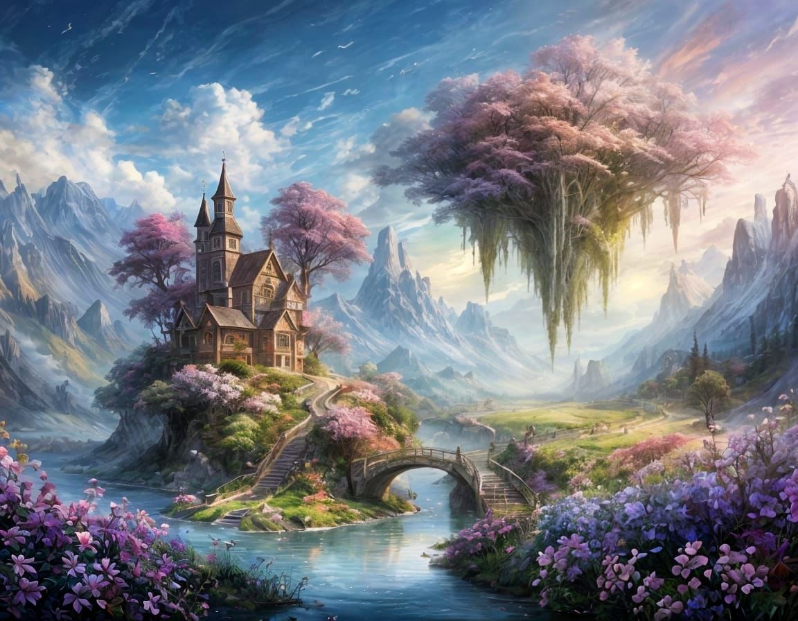 Enchanted Valley Staircase to Sky Island, Digital Watercolor