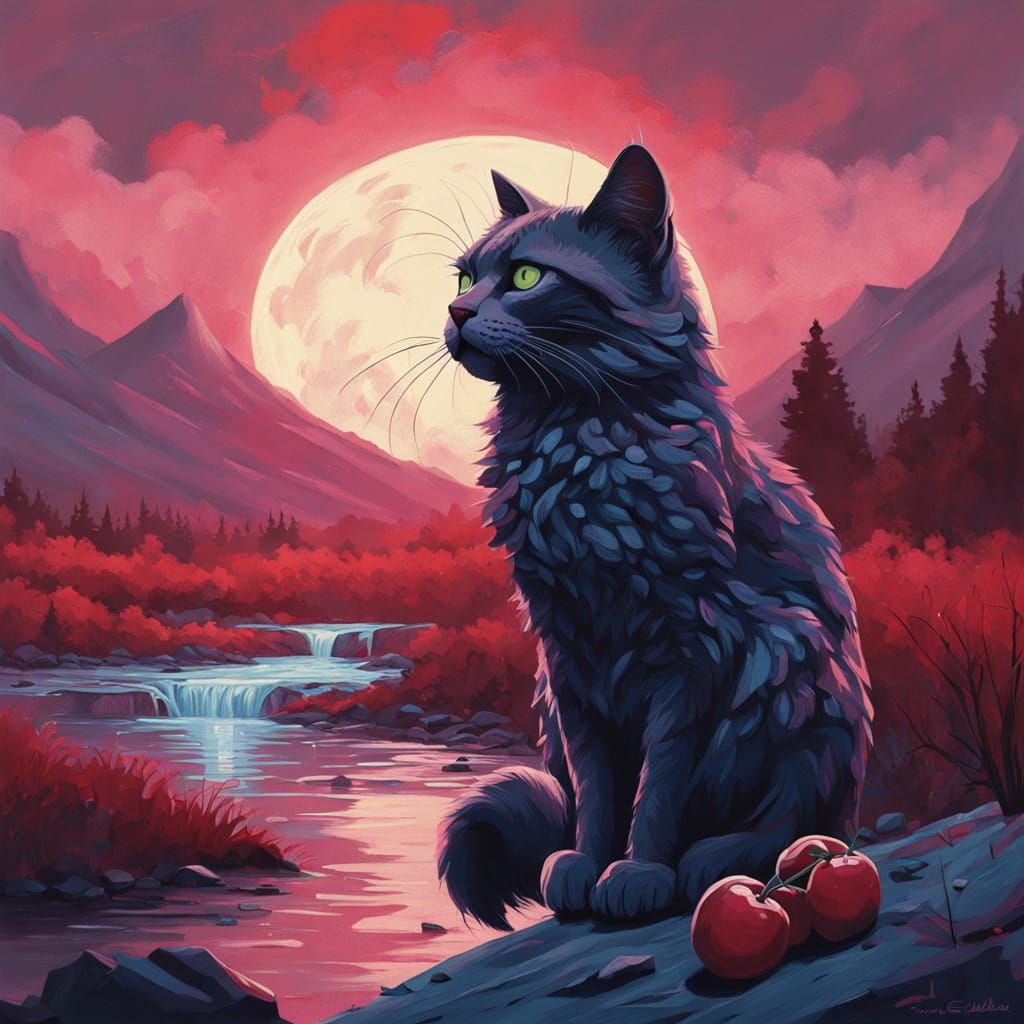 Vibrant Cherry Blueberry Cat in a Moonscape