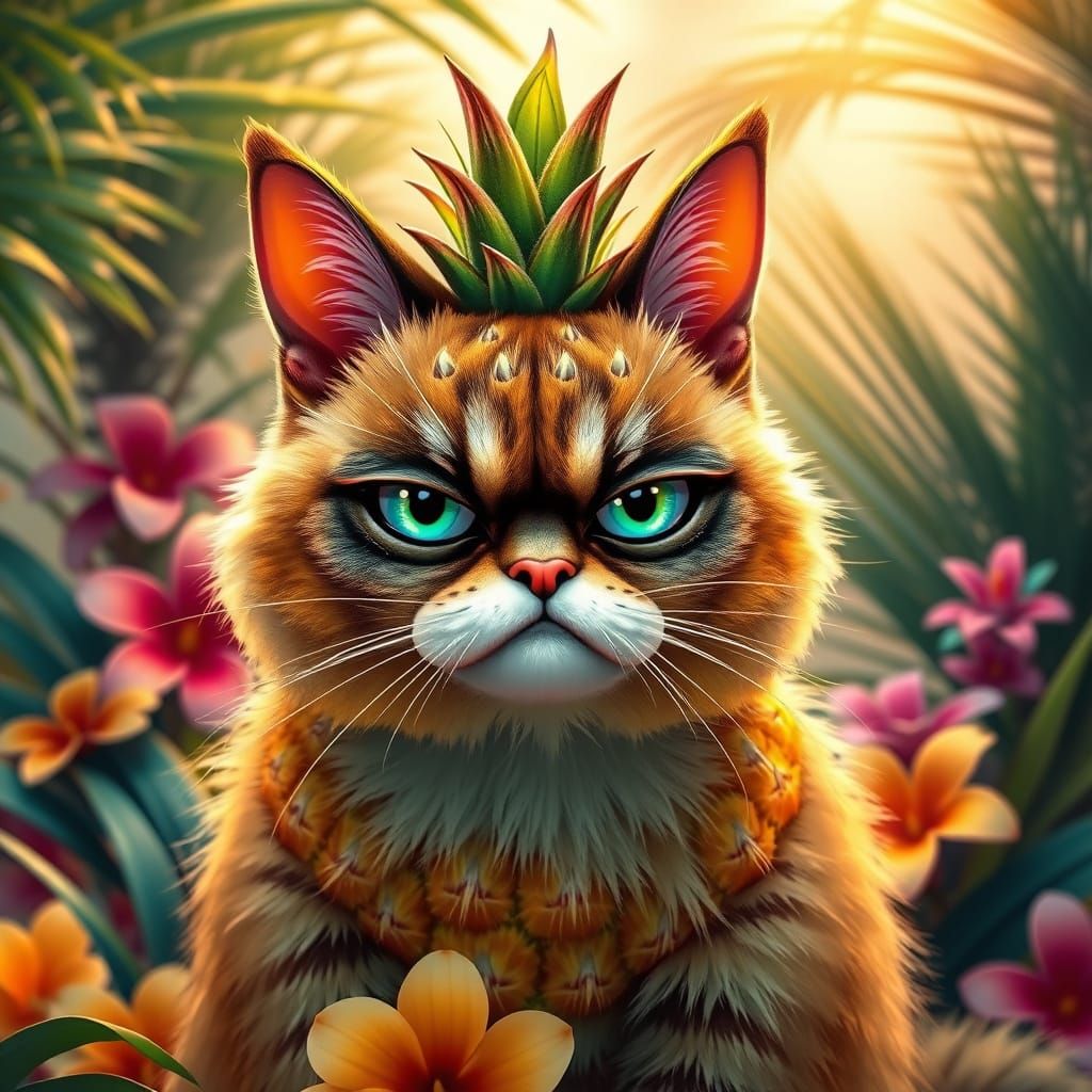 Surreal Tropical Feline in Vibrant Pineapple Fusion