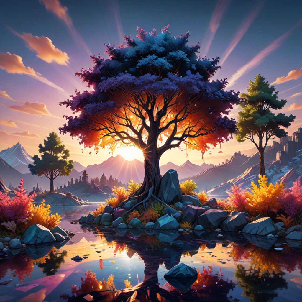 Vibrant Graffiti Landscape of Precious Stones in Dreamy Sunr...