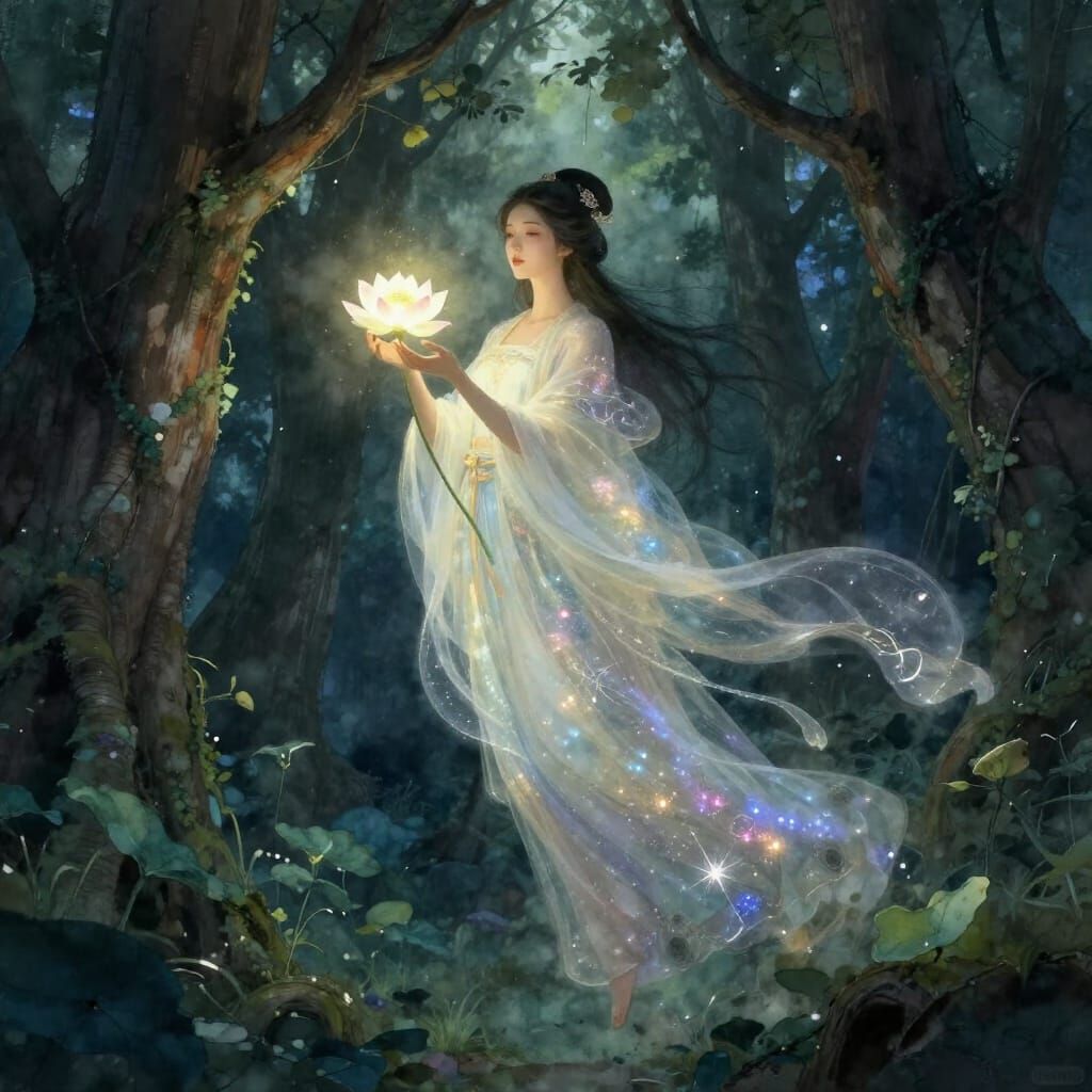 Ethereal Goddess Over Ancient Forest in Dark Fantasy Style