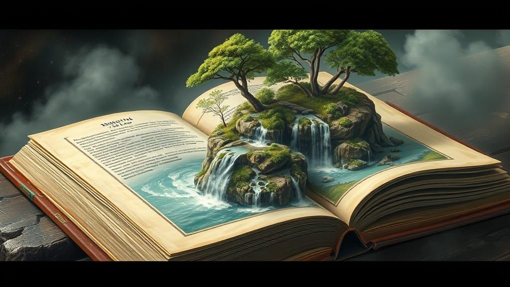 Surreal Island Book with Waterfalls, Oil Painting