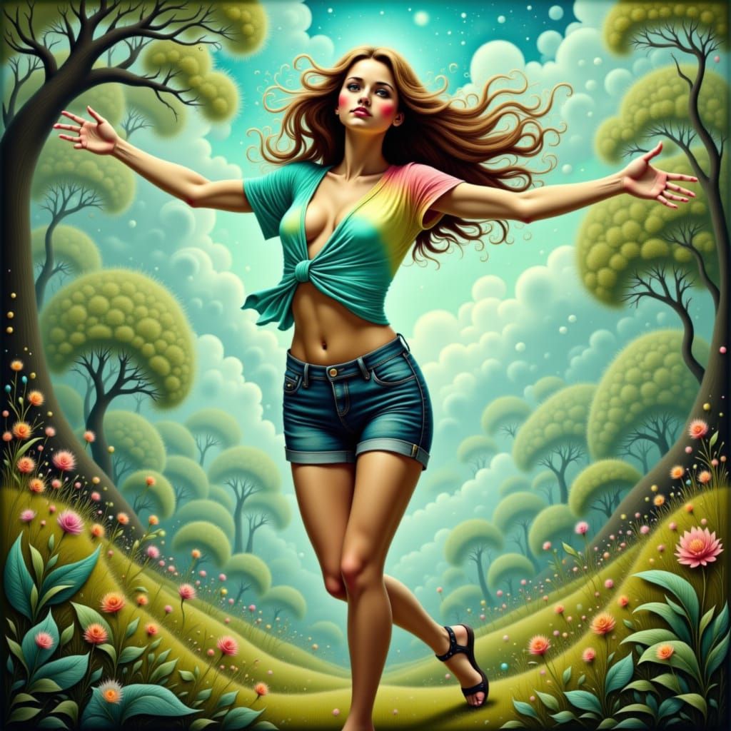 Woman Dancing in Meadow with Circuit Overlay, Impressionist ...