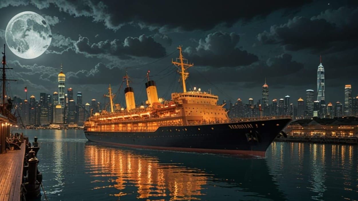 Sailing Ship Dominates Historic Chinese City Night Skyline i...