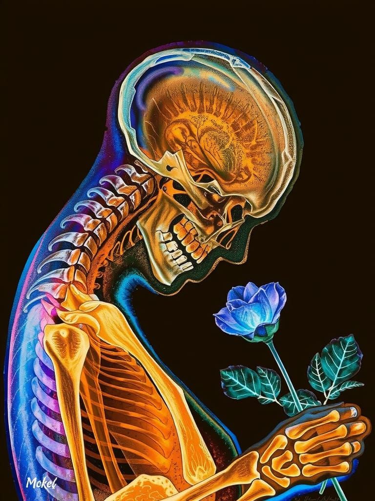 Glowing Anatomical Figure Holding a Blue Rose