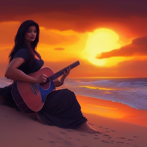 Woman Plays Guitar on Beach: Hyperdetailed Portrait