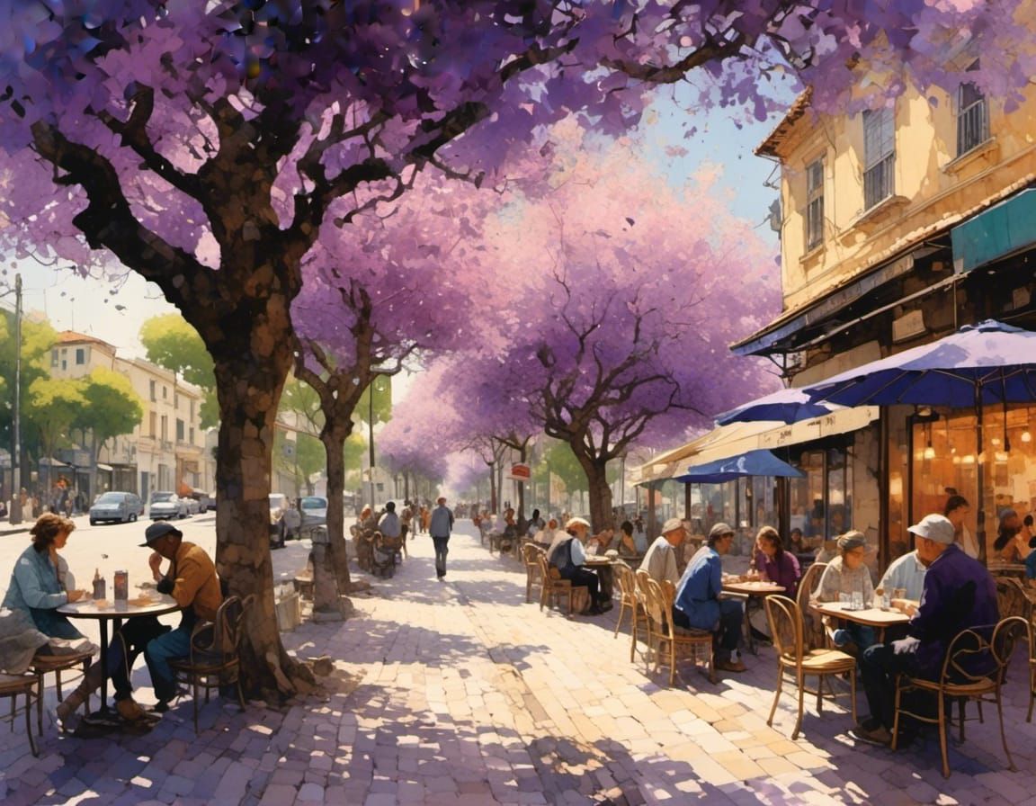 Cafe Scene Under Jacaranda Trees: Photorealistic Digital Art