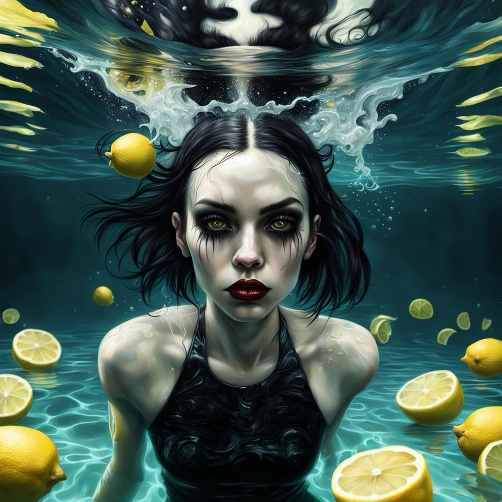 Goth girl swimming in lemonade, photorealistic