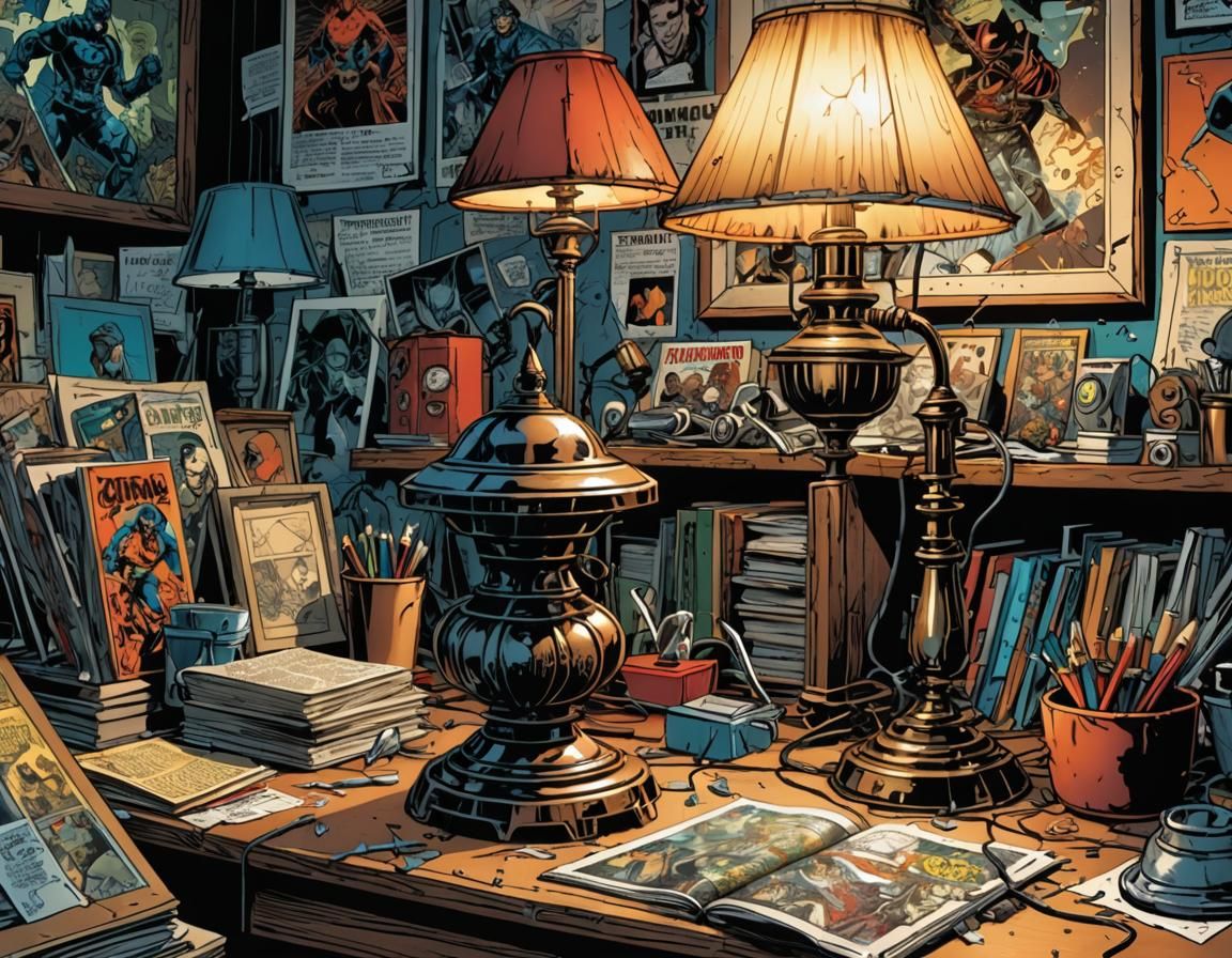 Comic Book Lamp on Cluttered Desk