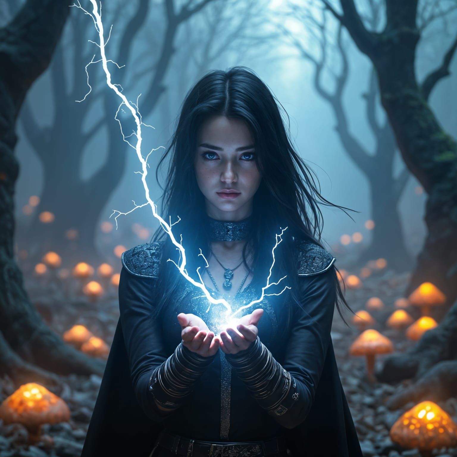 Young Woman Controls Lightning in Hyperrealistic Style