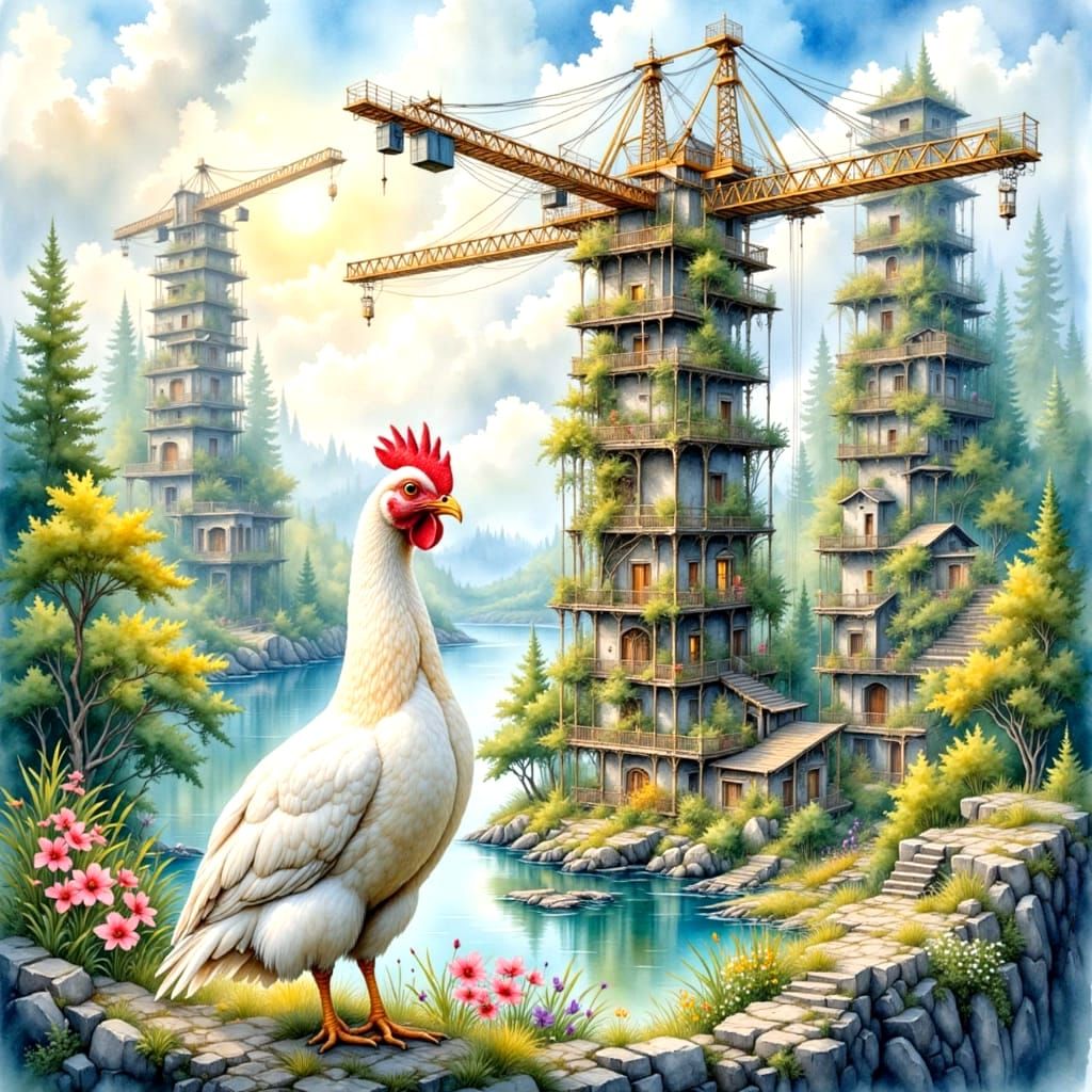 Surreal Chicken and Egg Watercolor Painting