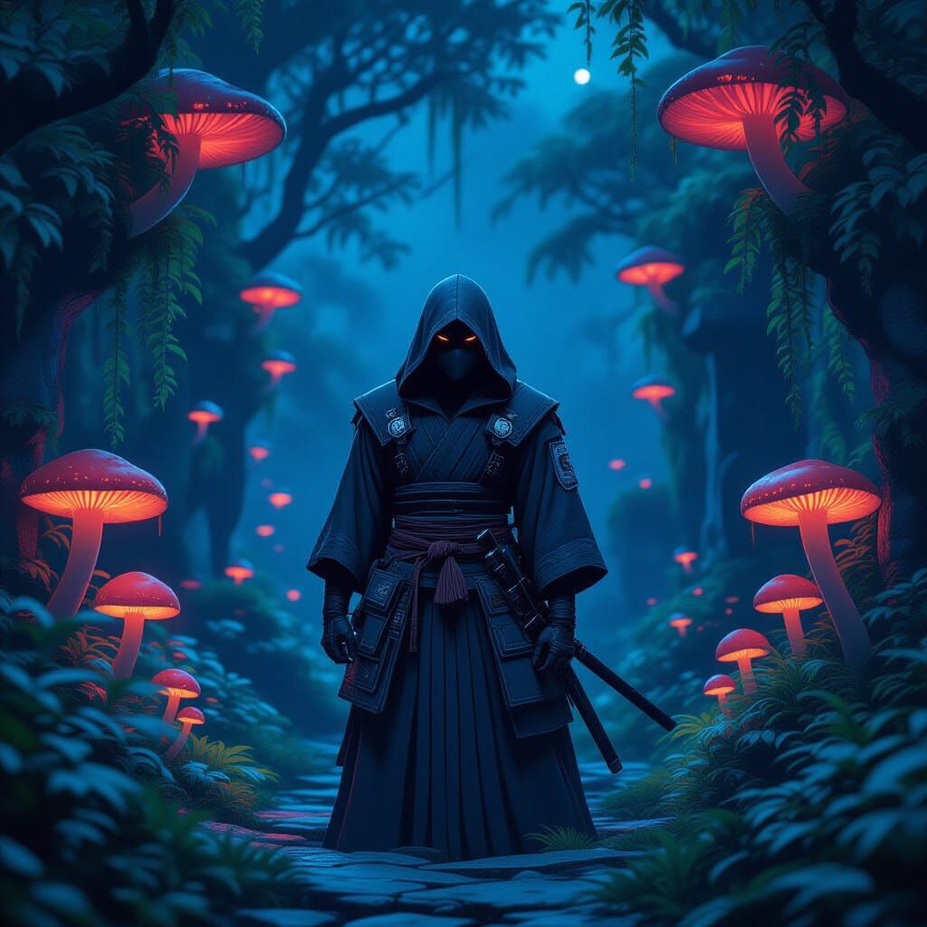 Hooded Samurai in Midnight Garden: Digital Art