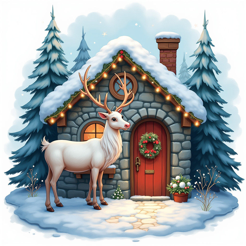 Mystical Reindeer at Christmas Cottage, as Digital Painting