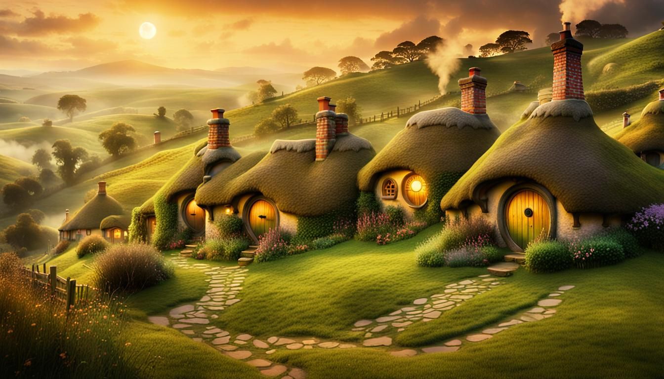 Hobbiton Village in Mystical Moonlight, Folk Art