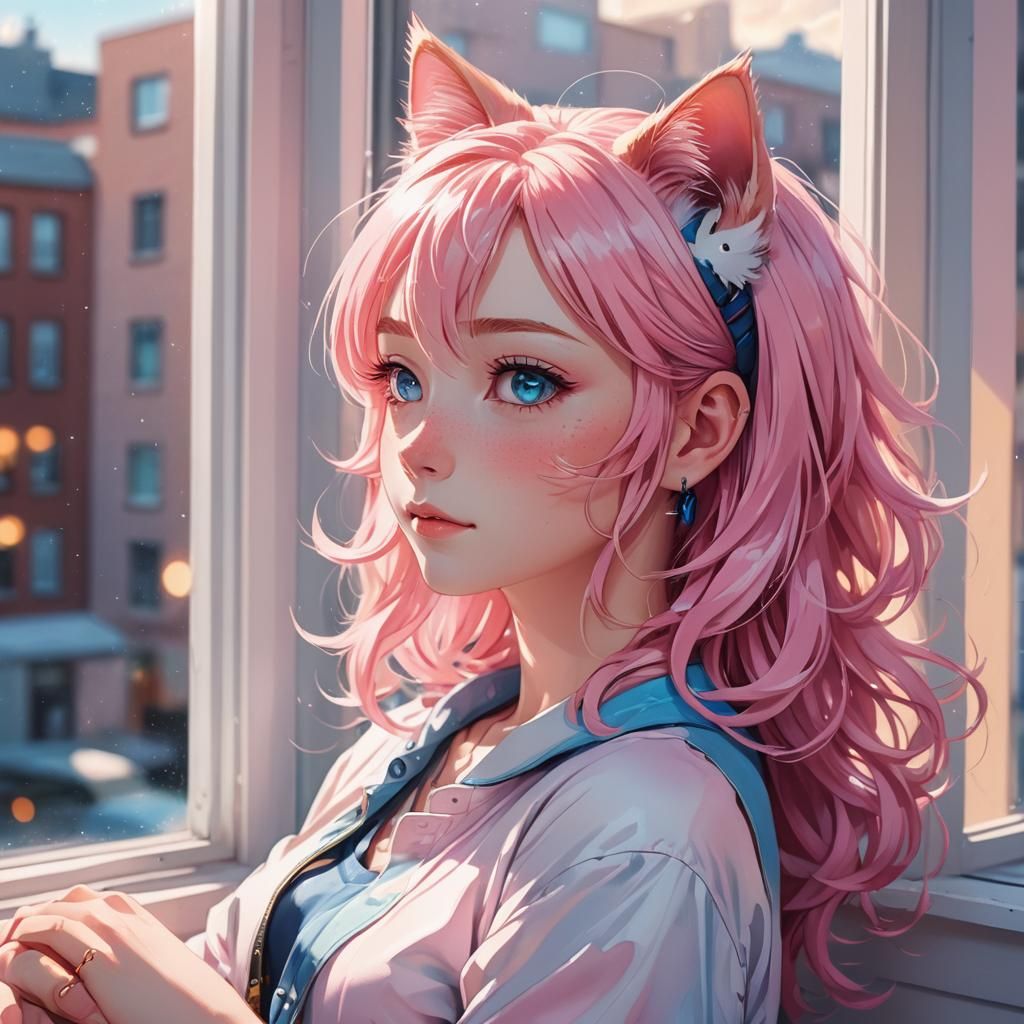 Anime Cat-Eared Girl with Pink Hair