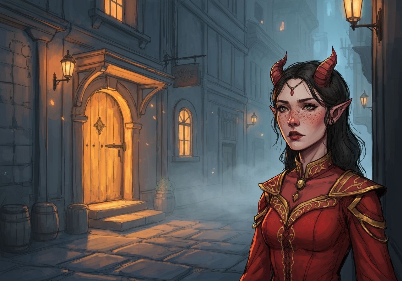 Misty Medieval Alleyway Scene with Woman in Red Dress