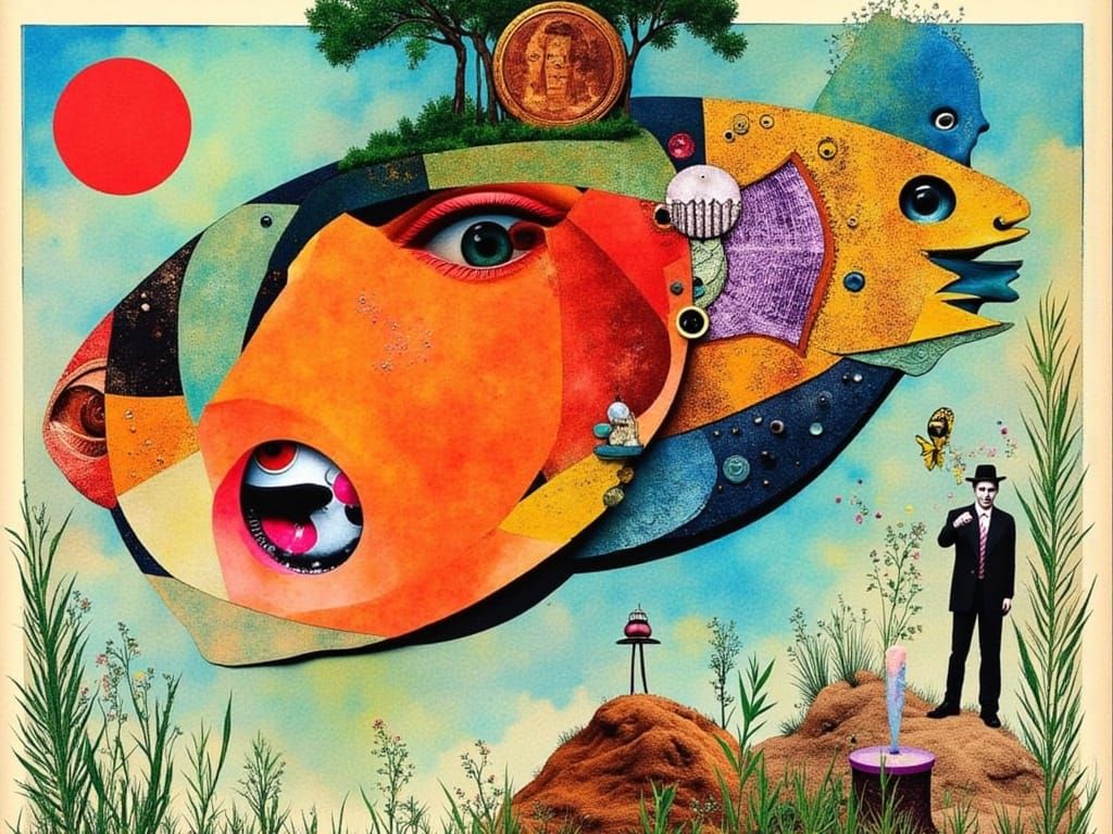 Whimsical Fish Collage in Jimmy Turrell Style