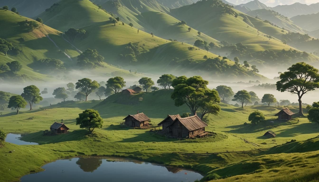 Idyllic Green Hills Landscape at Foggy Dawn