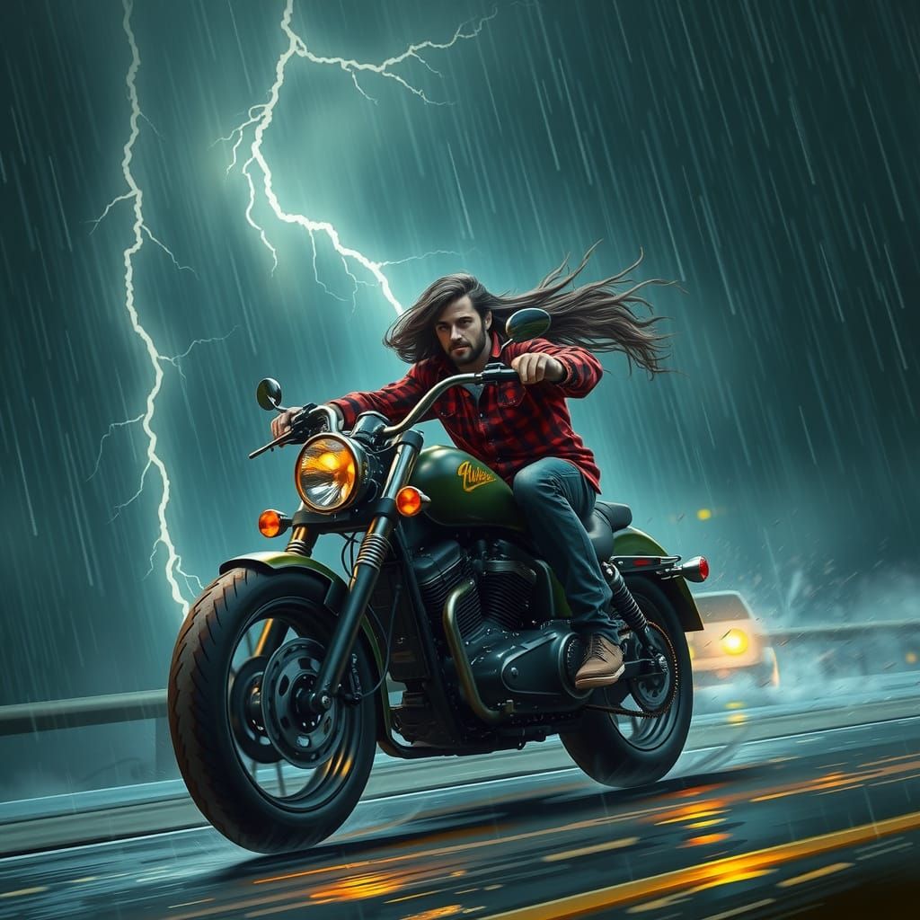 Motorcycle Rider in Storm, Fantasy Concept Art