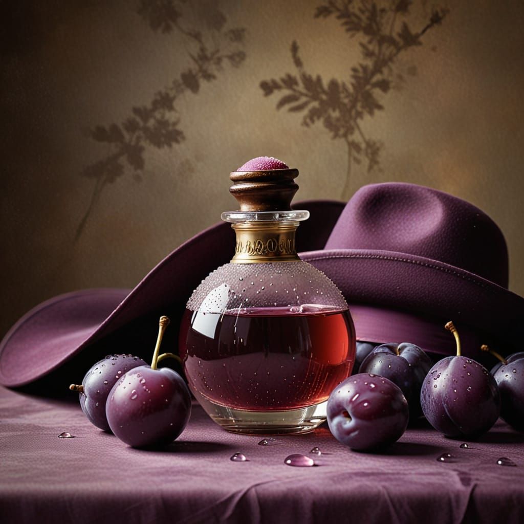 Whimsical Plum Still Life in Velvet Hat