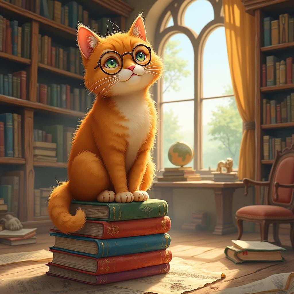 Scholarly Ginger Cat in Cozy Watercolor Library