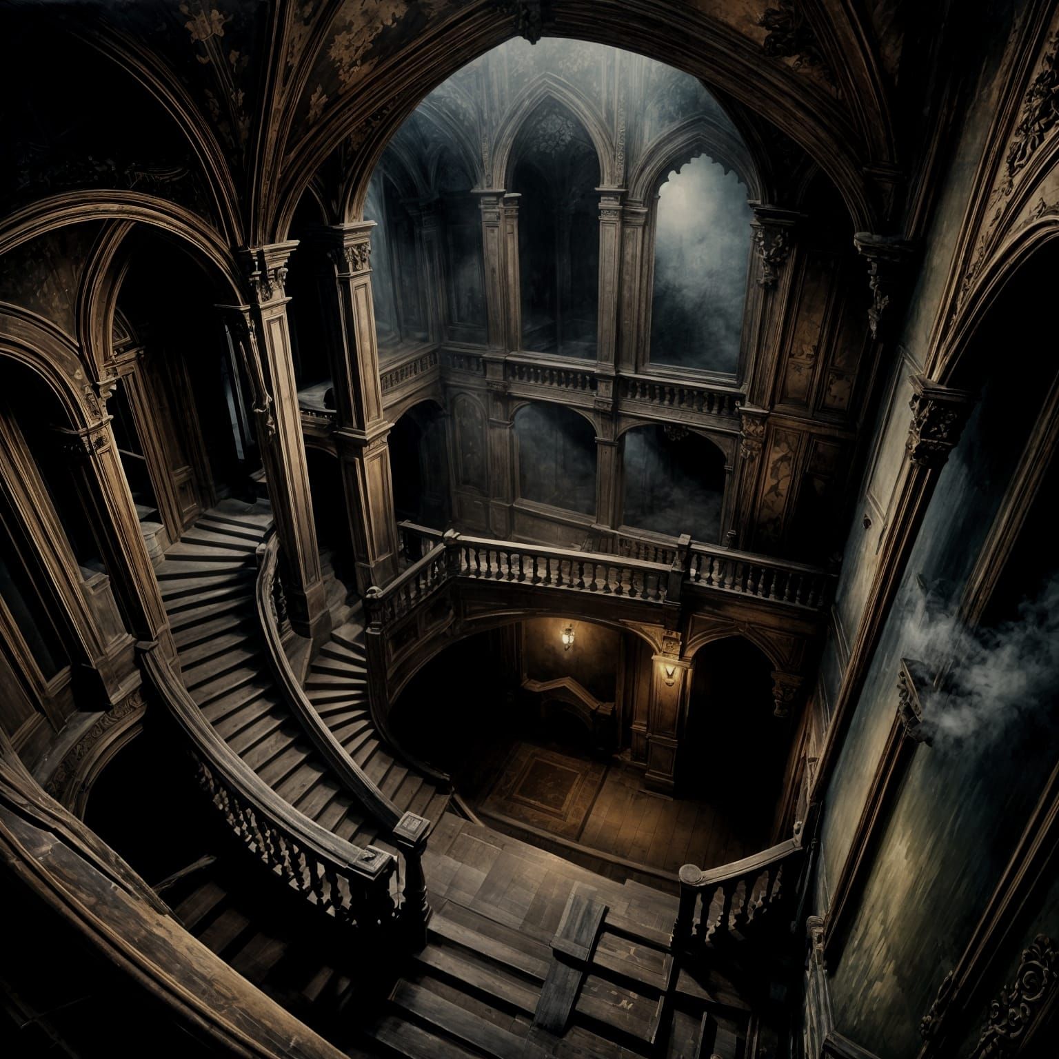 Abandoned Gothic Mansion Hall in Oil Painting Style