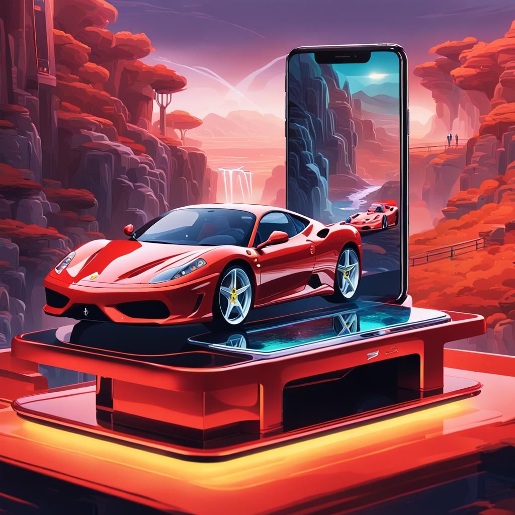 Surreal digital art. Medium shot. A sleek modern smartphone stands upright on a simple gradient background, with a minia...