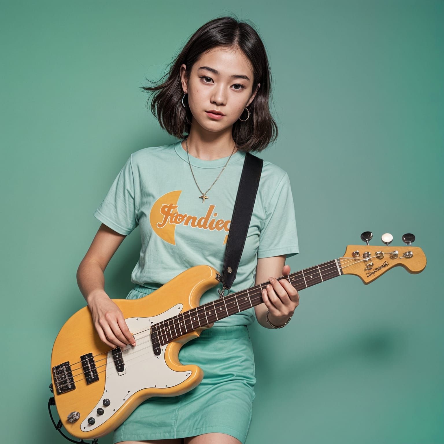 Asian Girl Playing Classic Bass Guitar in Casual Attire