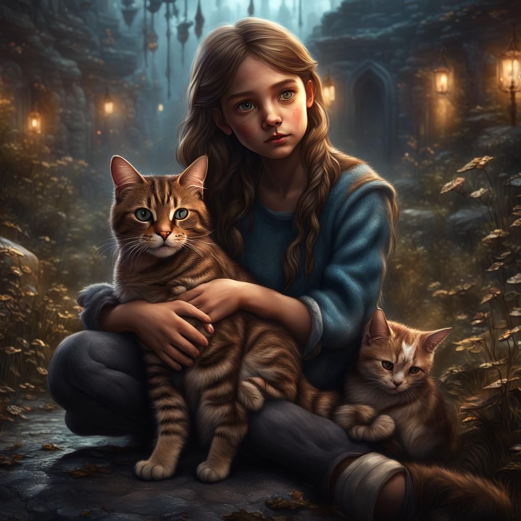 A photo depicting a brunette girl and her brown tabby cat