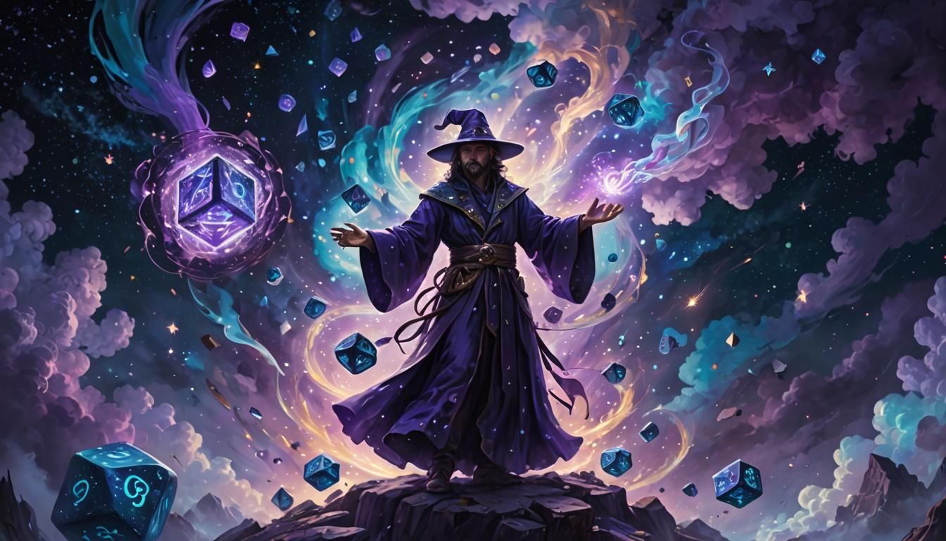 Dice Wizard Casting Spell in Surreal Oil Painting