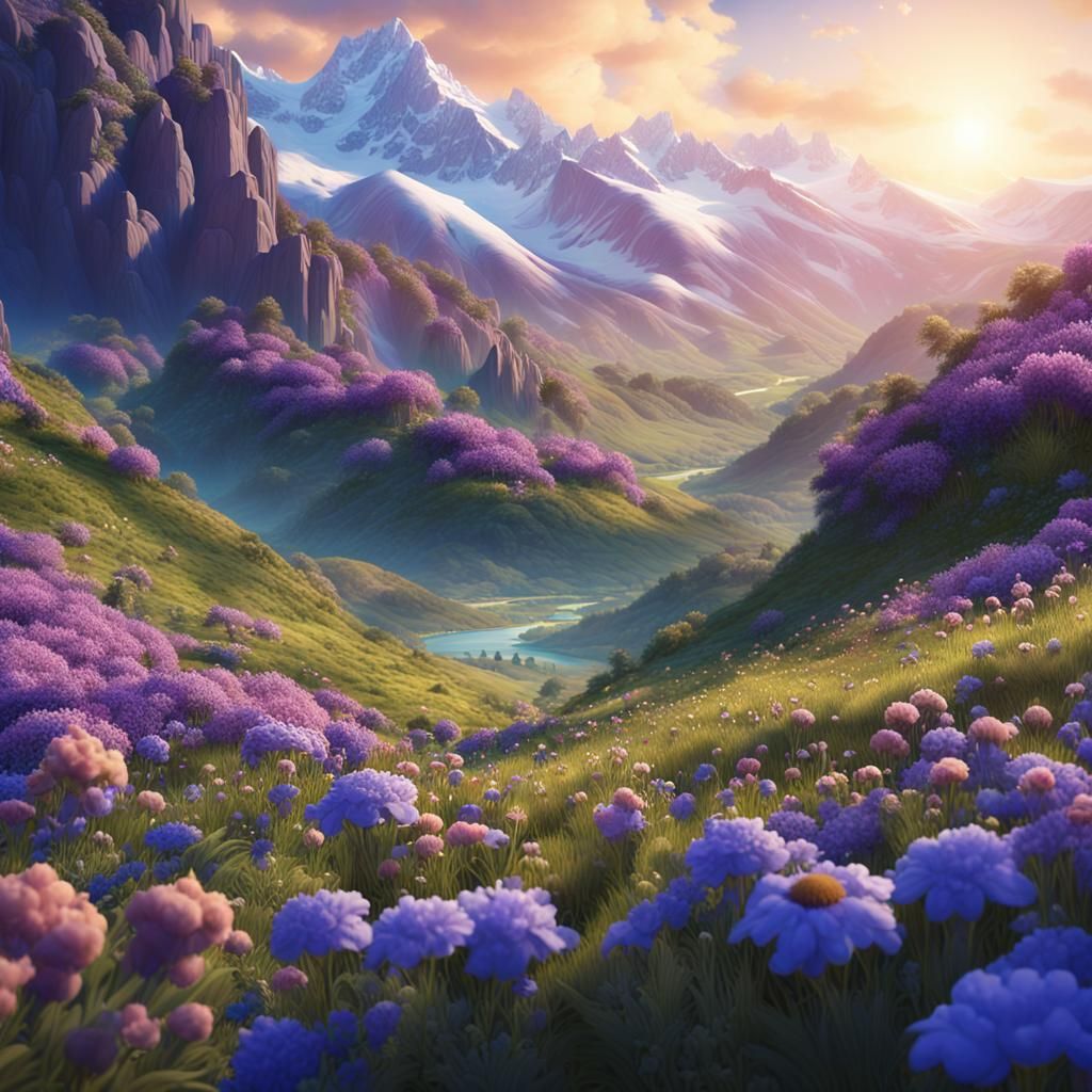 Floral Valley with Snowcapped Mountains, Digital Painting
