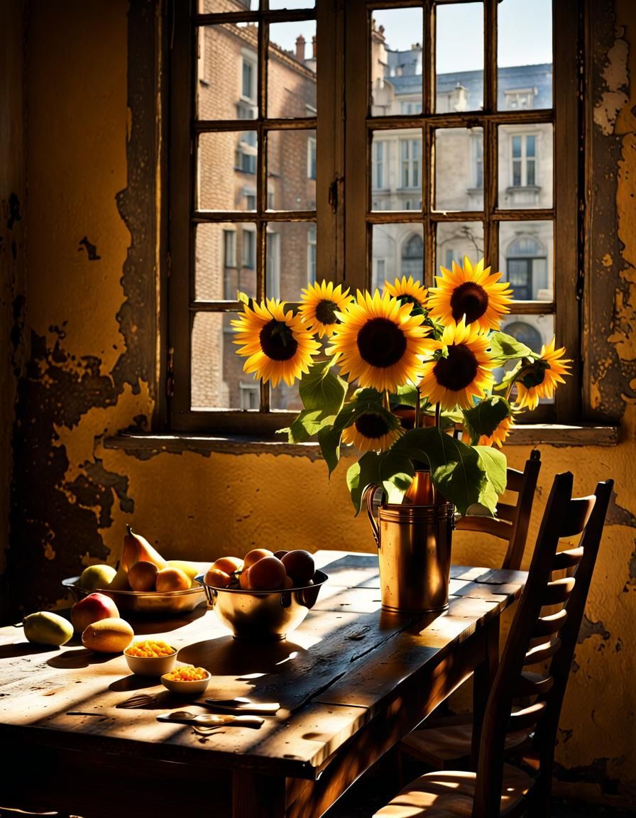 Sunflowers in Delft Blue Bucket, Hyperrealistic Photo