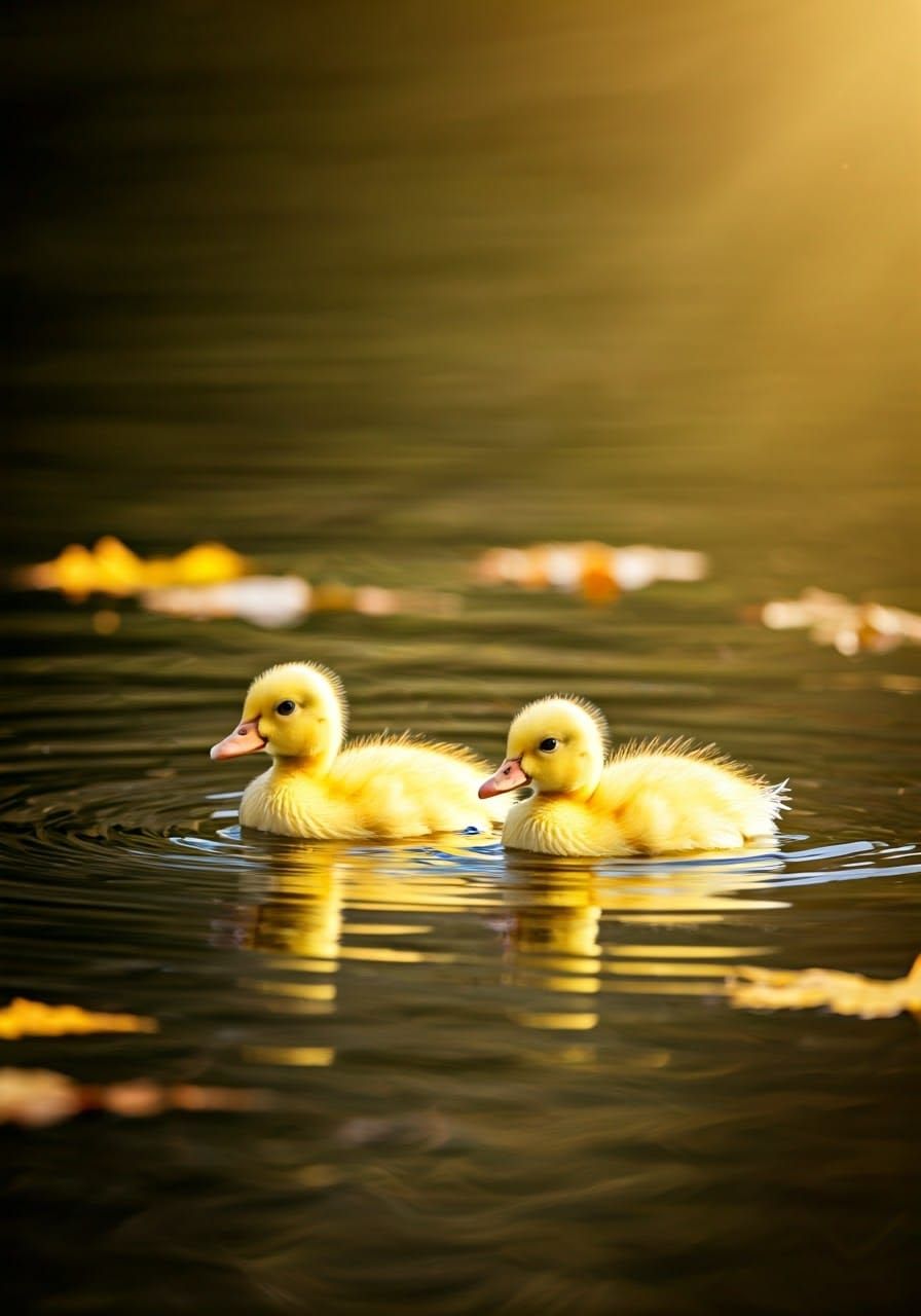 Autumn Ducklings in Sun-Drenched Pond