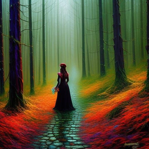 Woman Running from Shadow in Mysterious Forest