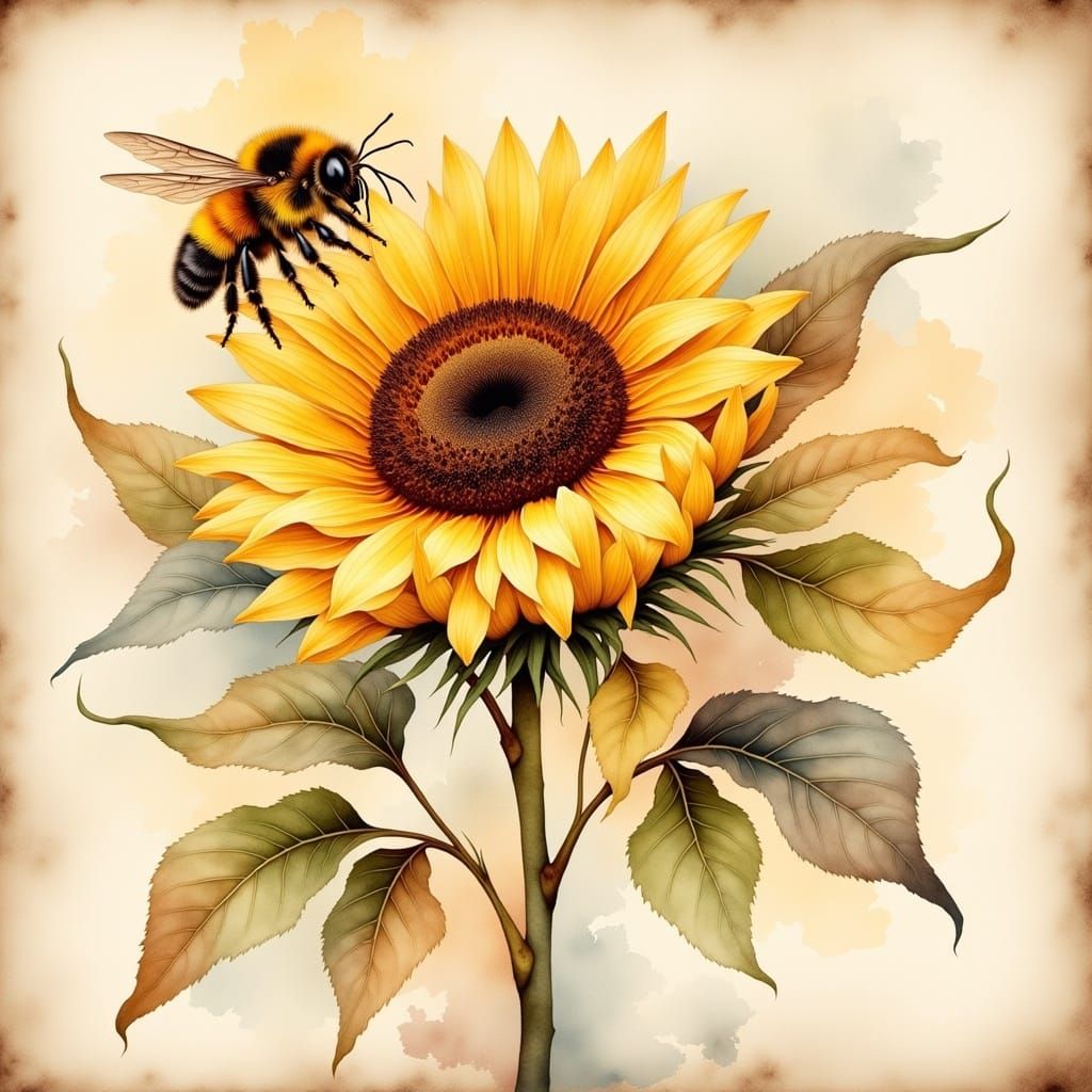 Encaustic Sunflower and Bumblebee in Antique Watercolor