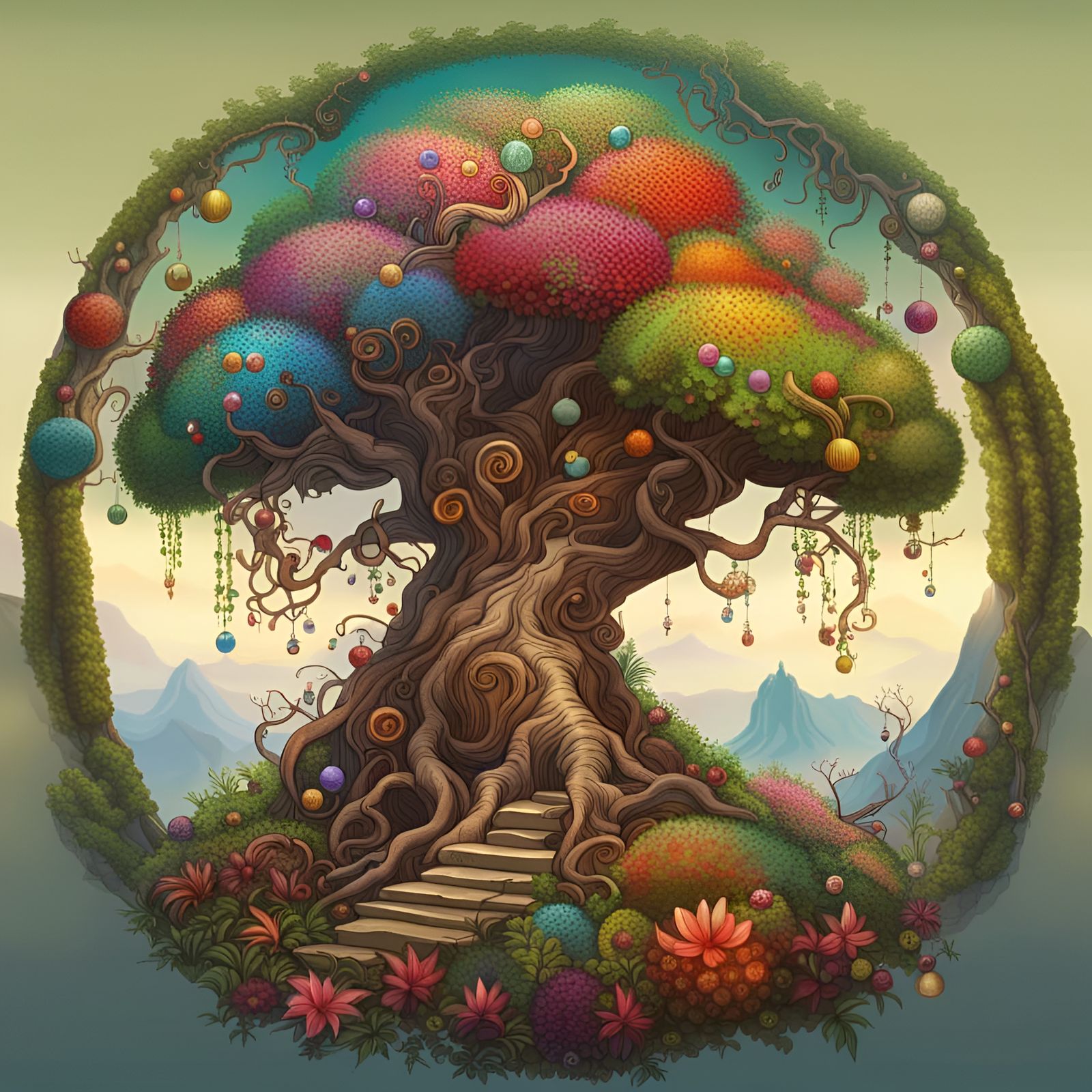 Mystical Tree with Glass Balls in Jungle Landscape