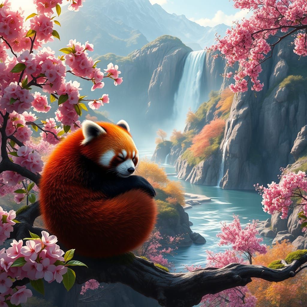 Red Panda in Cherry Blossom Tree, Majestic Mountain Fantasy ...