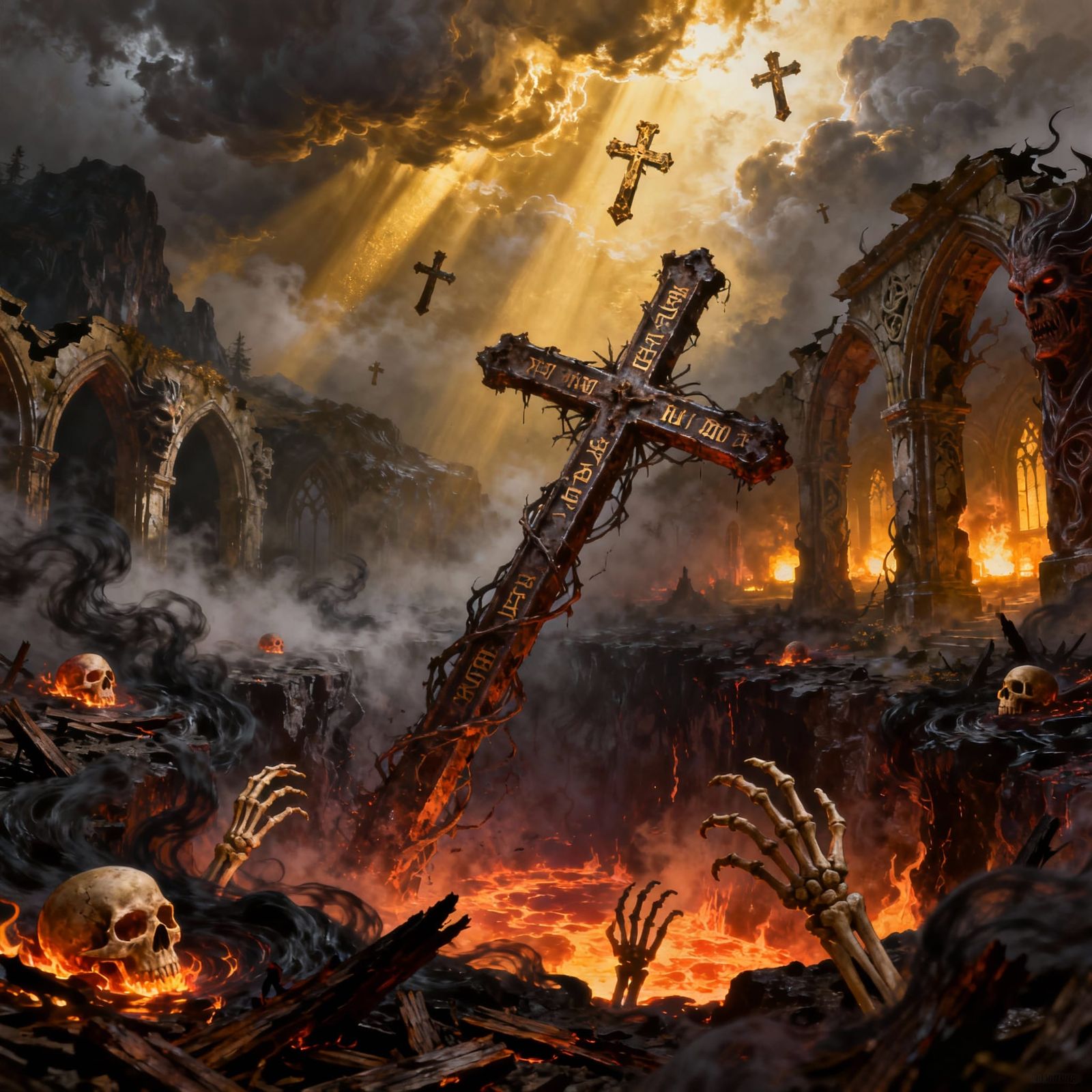 Fallen Crucifix in Hellscape, Macabre and Sinister Art