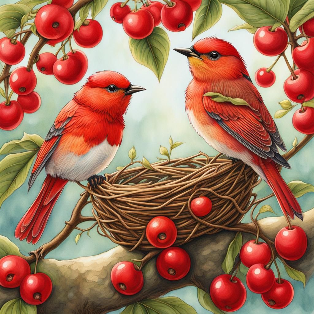 Red Warblers in Cherry Tree: Watercolor Illustration