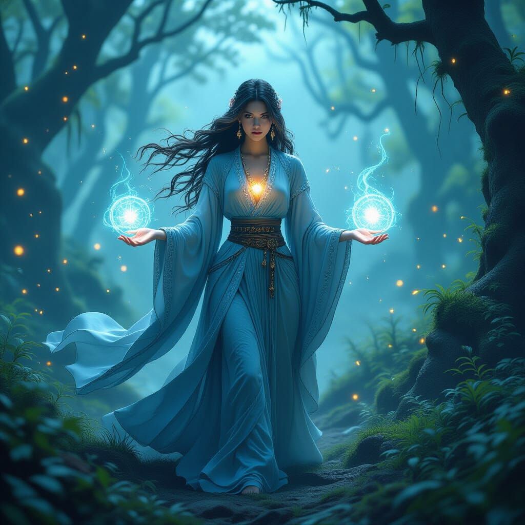 Enchanted Forest Sorceress with Glowing Runes