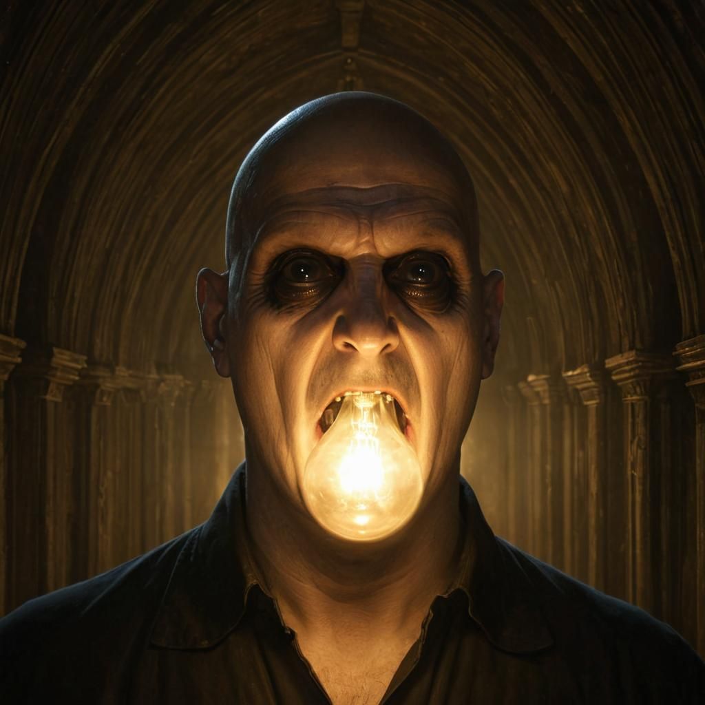 Eerie Gothic Illumination: Lightbulb Man in Dark Fantasy Sty...