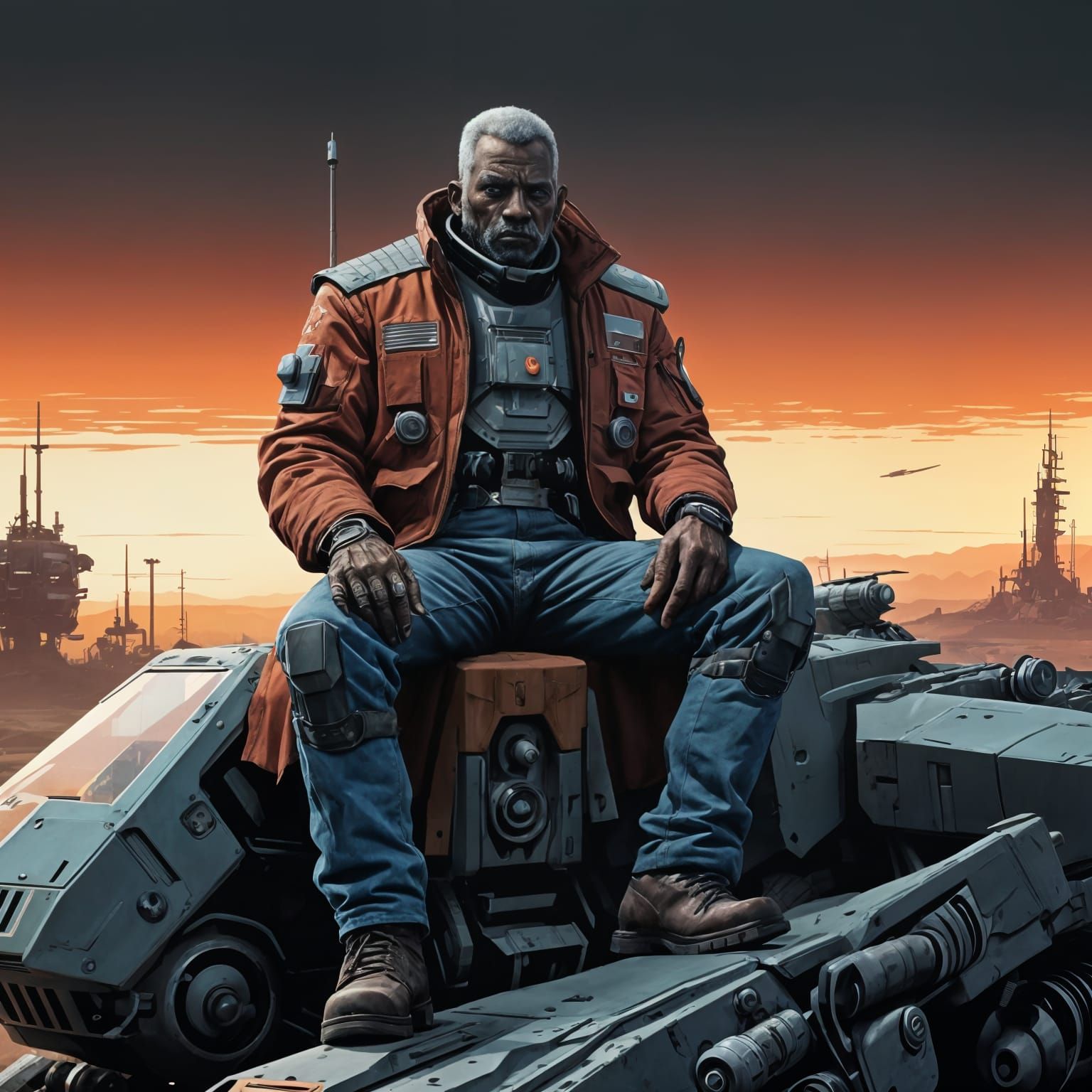 Cyberpunk Warrior Rides Mech into Dystopian Sunset