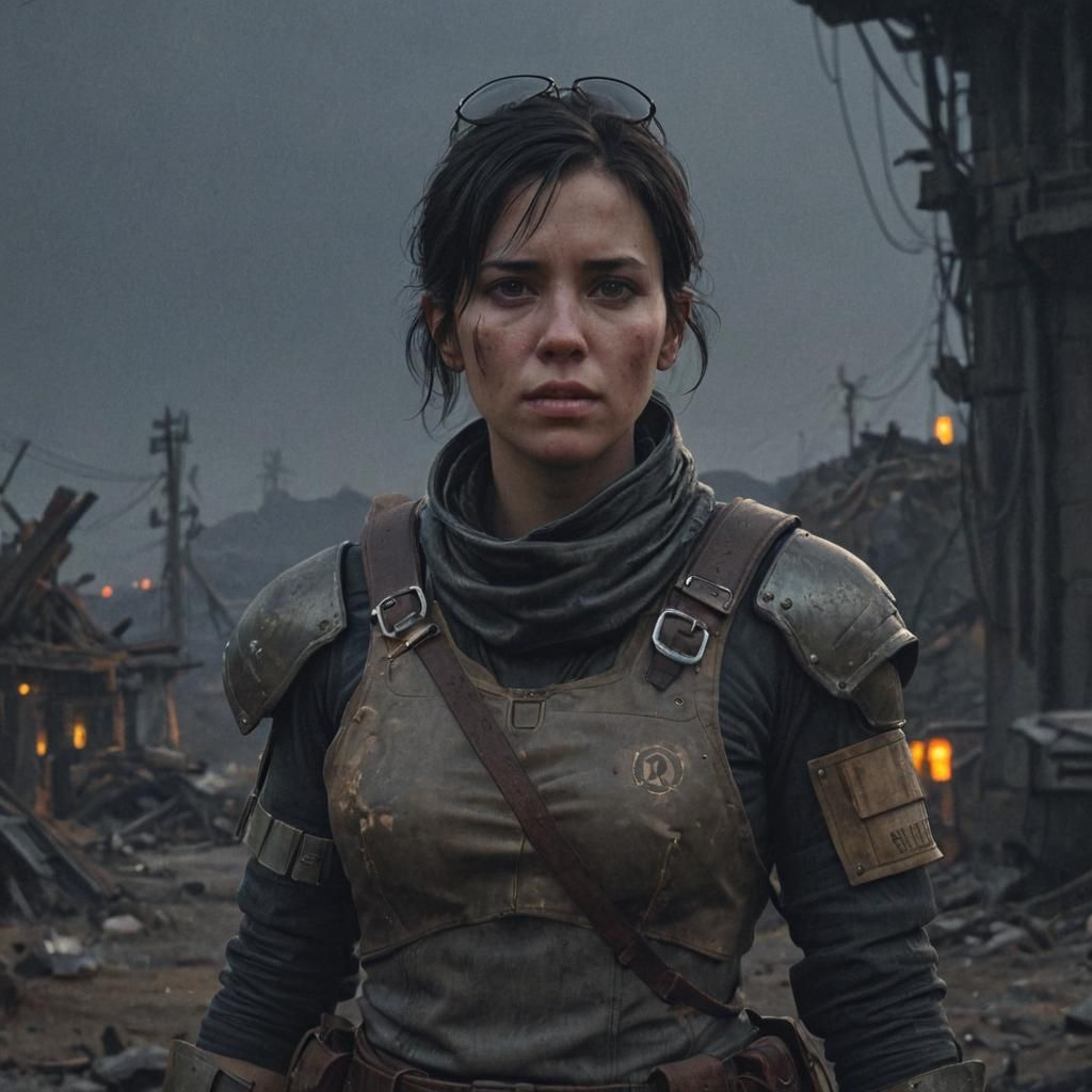 Strong Female Raider in a Gritty, Post-Apocalyptic Crater Se...