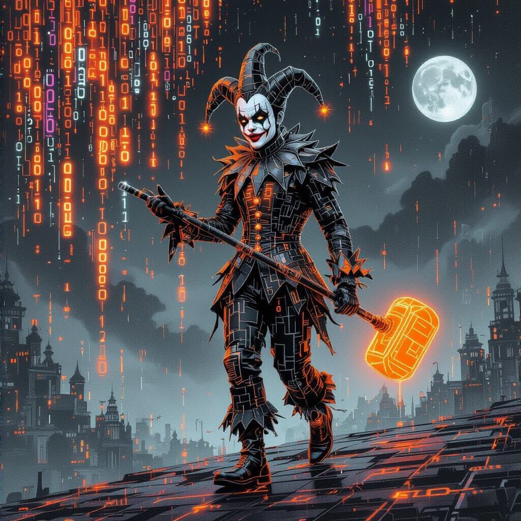 Goth Jester Hologram in Neon Code Circus