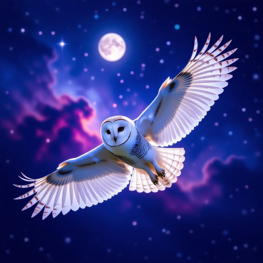 Majestic White Owl in Flight Under Starry Night Sky