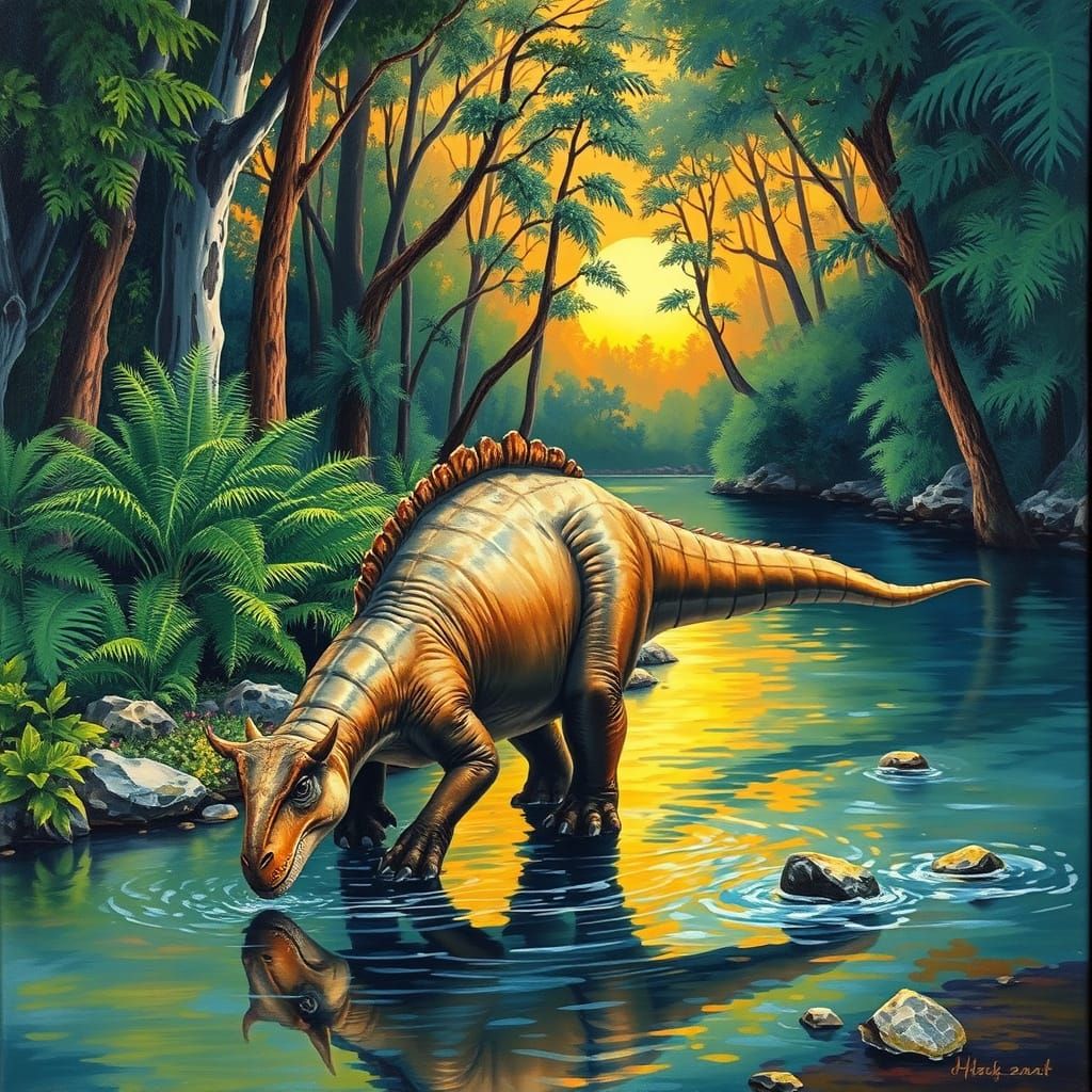 Dinosaur in Lush Forest, Gouache Impressionist Style