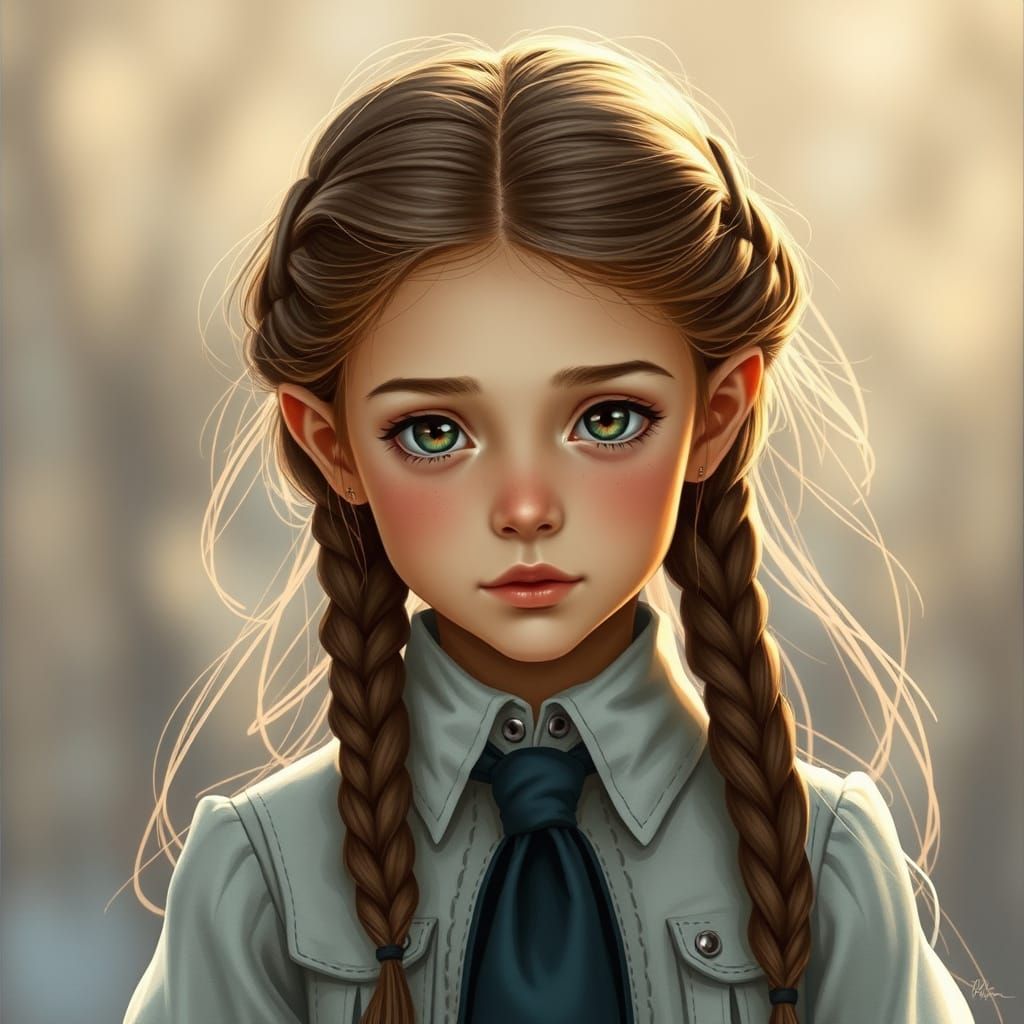 Young Girl with Futuristic Braids and Innocent Face