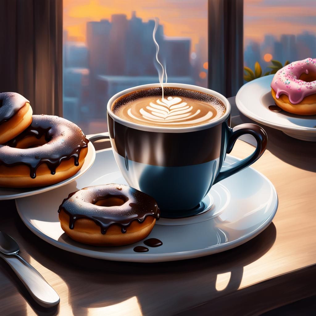 Hyperrealistic Coffee and Doughnuts at Dawn